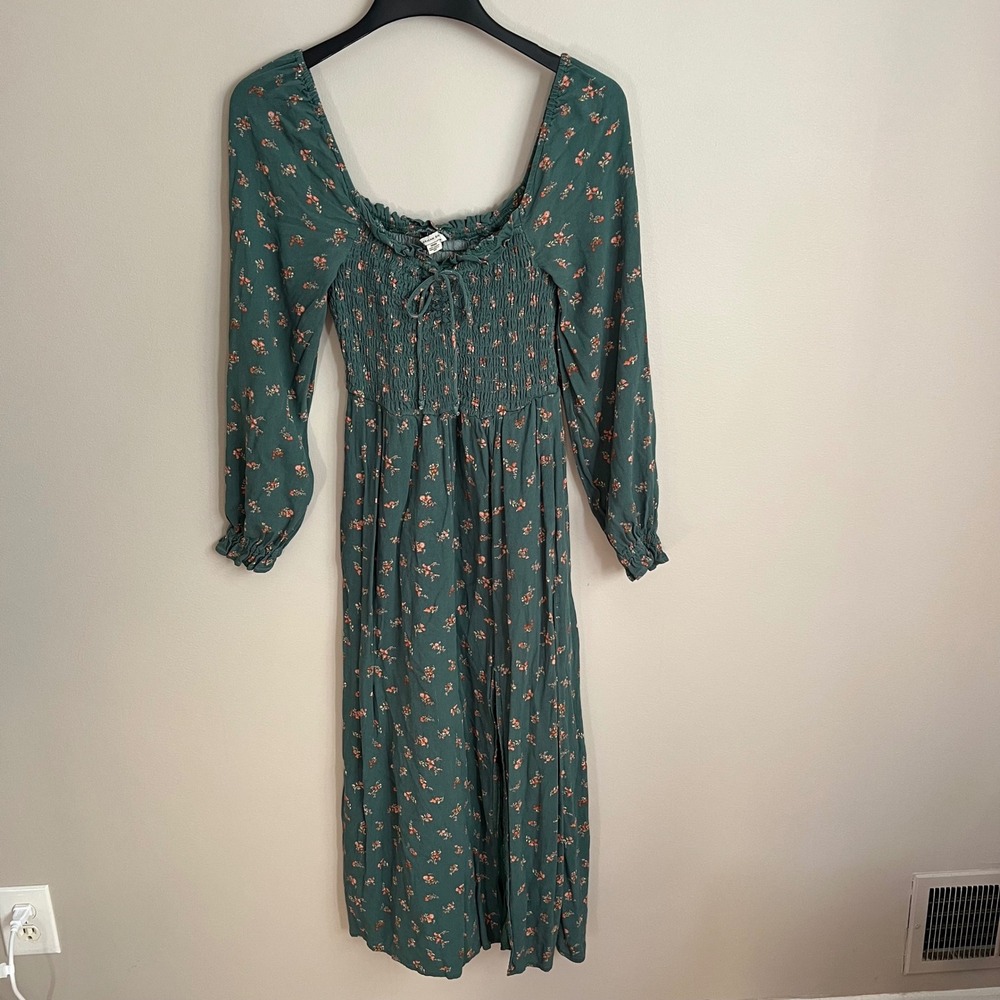 American Eagle Green Floral Smocked Midi Dress Long Sleeve M Cottagecore
